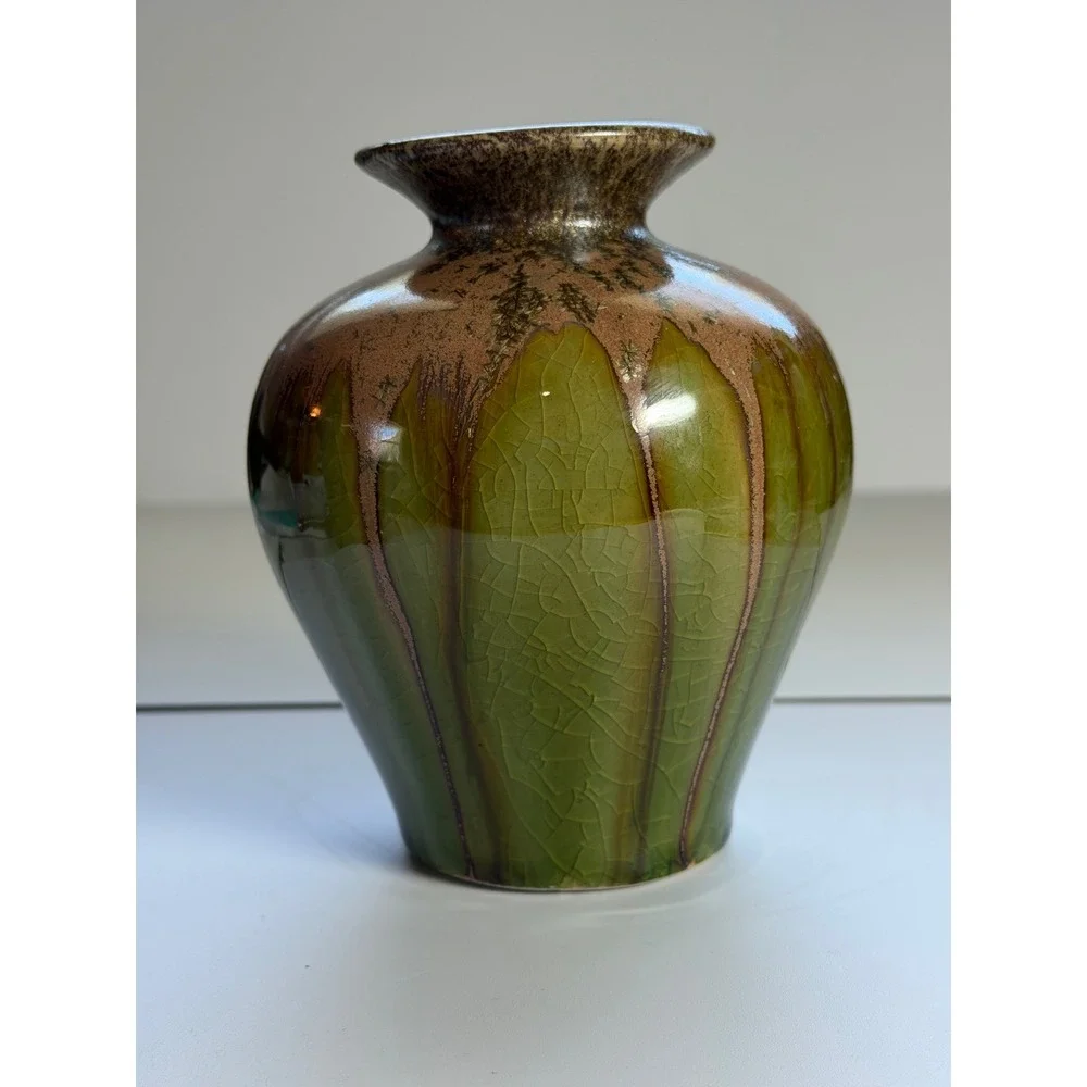 Set of 3 Olive Green Crackle Glaze Ceramic Vases Decorative Bud Vase Trio Decor